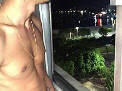 Naughty Boy Jerks Cock at Building Window