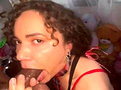 Curly pigtail nympho spits sloppy on cock for massive facial pov