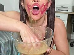 Brunette Pigtail Girl Eats Junk Food Then Pukes It All Over Tits