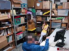 petite teen shoplifter deepthroats boss cock then fucked in office lingerie