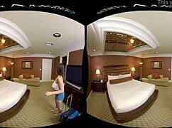 Big natural tits bounce wildly in VR as naughty America pornstar rides monster cock in hotel lingerie POV.