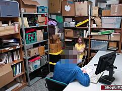 petite teen shoplifter deepthroats boss cock then fucked in office lingerie