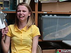 petite teen shoplifter deepthroats boss cock then fucked in office lingerie