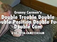 Granny Carmen takes double trouble with bent over doggystyle and missionary double fuck ending in double cumshots 😈💦