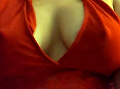 blonde bombshell in red lingerie gets her big tits fucked hard and deep