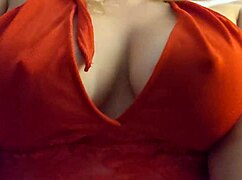 blonde bombshell in red lingerie gets her big tits fucked hard and deep