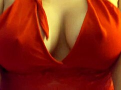 blonde bombshell in red lingerie gets her big tits fucked hard and deep