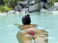 hot monika fox swims pool in pink bikini then struts publicly sexy