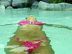 hot monika fox swims pool in pink bikini then struts publicly sexy