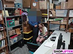 Teen shoplifter caught by burglar cop punished with big cock blowjob hardcore in office