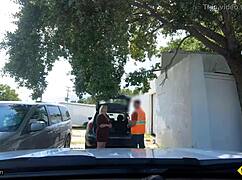 Thick blonde milf with big tits gets bent over fucked hard by roadside assistance guy outdoors