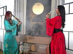 Kimono cuties lia lin and april maxima crave masseur's cock over glass dildo!