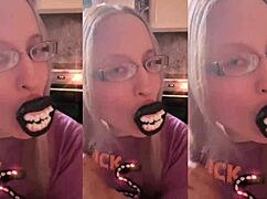 blonde with glasses brushes long hair using lollipop in asmr whispers