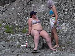 Fat lesbian pawg soaps friend's juicy hairy cunt then tongues clit to screaming orgasm outdoors