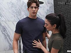 Heart pounding as athletic brunette chokes on deepthroat face fuck in steamy bathroom remodel