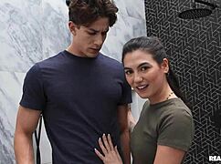 Heart pounding as athletic brunette chokes on deepthroat face fuck in steamy bathroom remodel