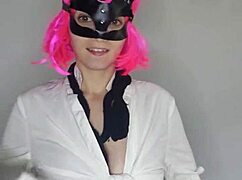 Be seduced by cute housewife's big natural tits as she toys pussy in maid lingerie and kitty mask on bed.