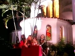 three retro babes tease asses and pussies with toys on warm night