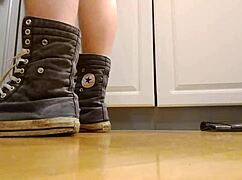 Fat ass in converse sneakers shakes wildly during intense boot masturbation orgasm climax
