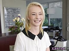 tiny blonde teen teases with handjob before blowjob cumshot