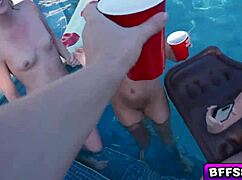 four sexy babes suck big cocks fuck hard beside pool in outdoor group