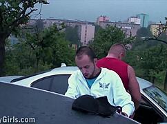 girl takes facial cum through car window in public gangbang doggystyle orgy 🚗💦