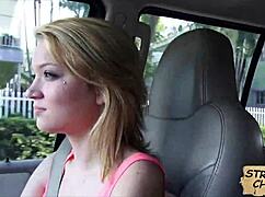 Blonde hitchhiker teen rides cock hard for public pickup spy fuck