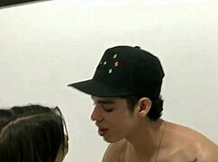 Skinny babe milks big white cock