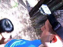 Naughty blonde teen in lingerie sucks big cock outdoors then fucks to facial cumshot