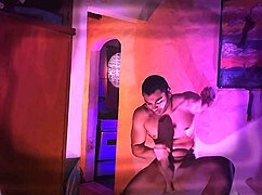 Muscular Stud's Monster Cock Stroked in Purple Orange Striped Tease