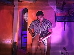 Muscular Stud's Monster Cock Stroked in Purple Orange Striped Tease