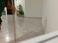 Curvy latina neighbor cleans new apartment showing off her chubby figure