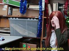 Redhead thief caught bending over gets hardcore pounding with full spanish subtitles for extra thrill.