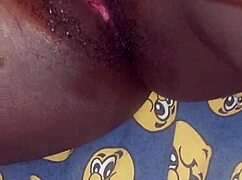 Watch her rub big black cock over hairy pussy then fuck