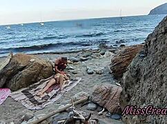 Flashing my pussy on the beach, he fingers me till I squirt in risky public fun