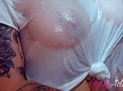 Big tits busty pornstar drenches in shower rocking wet t-shirt on huge boobs!