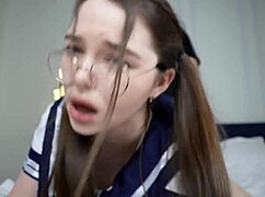 Student slut in uniform rides cock rough with creampie finish