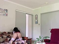 Beautiful Asian Ladyboy Strips Lingerie Rips Clothes and Masturbates Huge Cock in Stockings