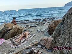 Flashing my pussy on the beach, he fingers me till I squirt in risky public fun