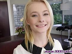 Tiny blonde slut eagerly sucks massive cock