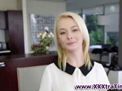 Tiny blonde slut eagerly sucks massive cock