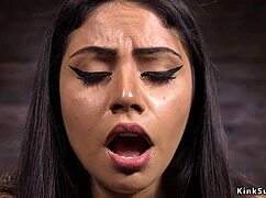 imagine this brunette riding sybian machine dildo on wooden desk