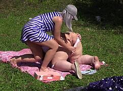 big ass lesbian girlfriends masturbate with dildo outdoors in clearing