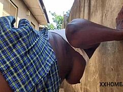 Horny big ass Nimi caught rubbing wet pussy outdoors