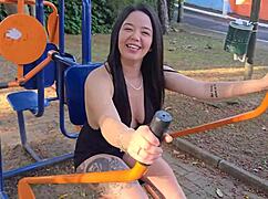 hot teen spreads shaved pussy for first bareback anal creampie on street!