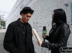 Blindfolded guy rams dildo deep in wet twat