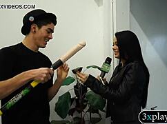 Blindfolded guy rams dildo deep in wet twat