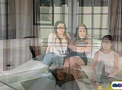 Blonde and brunette lesbians kiss, suck hairy pussies and face sit in double booking