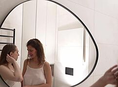 yo, these two cute brunette teen friends finger kiss lick wet pussies in steamy shower 4k