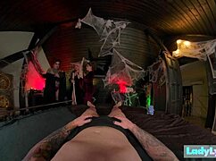 Three curvy witches in lingerie cast spells with big tits and monster cocks on Halloween